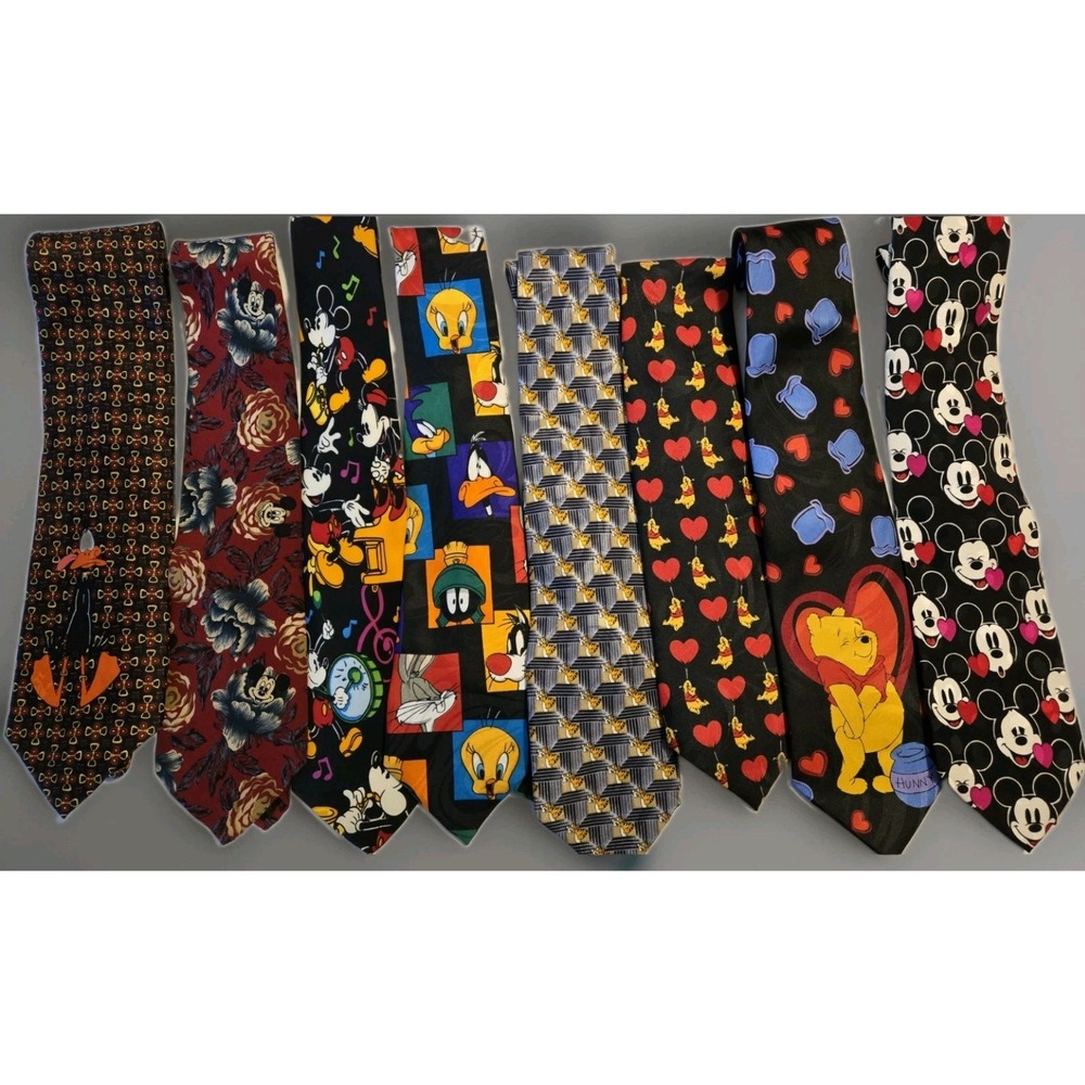 Vintage Disney Looney Tunes Tie Lot 8 Mickey Pooh Tigger 90s Power Necktie Novel